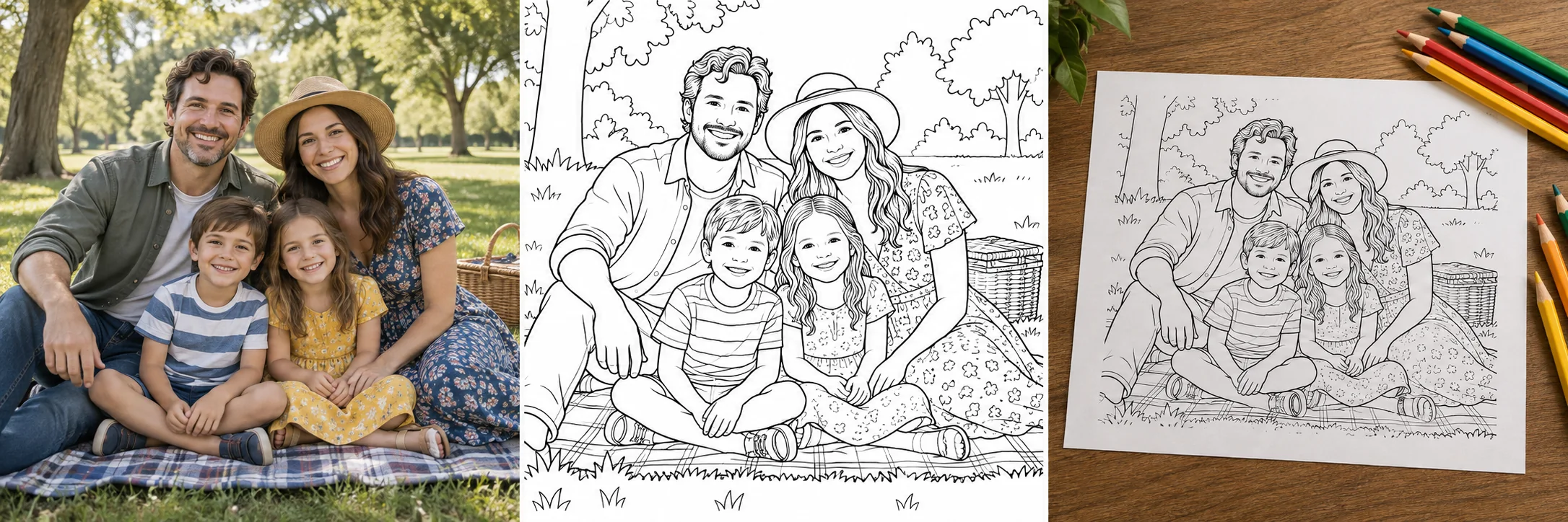 Ejemplo en tres paneles de una foto familiar, una página simplificada para colorear y el resultado impreso